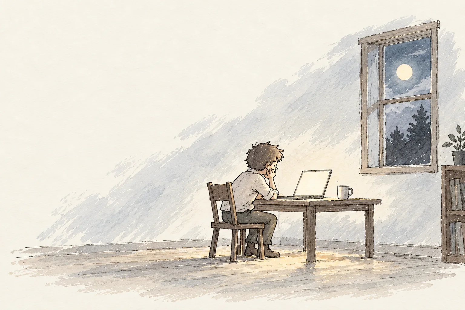 A watercolor sketch of a man hunched over a glowing laptop at night, the moon in the window