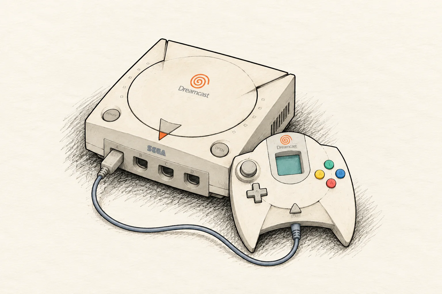 A pencil sketch of a Sega Dreamcast with its controller plugged in