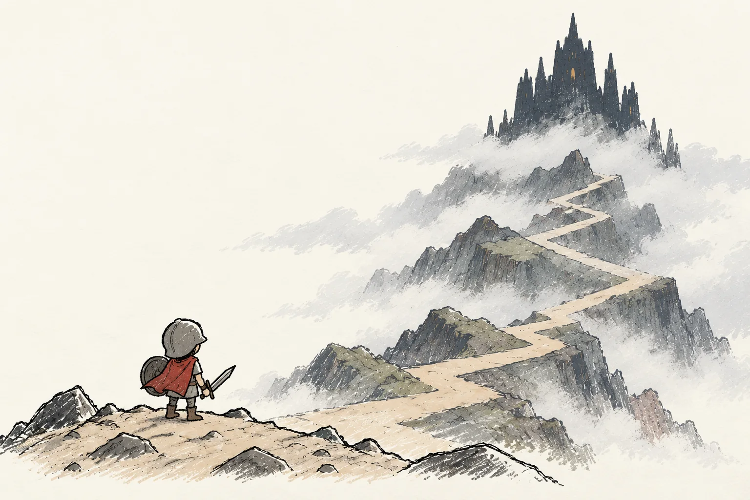 A sketch of a small soldier with a sword and shield, looking up a winding mountain path toward a dark castle in the clouds